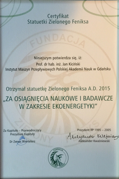 Prof. Jan Kiciński laureatem statuetki Zielonego Feniksa A.D. 2015